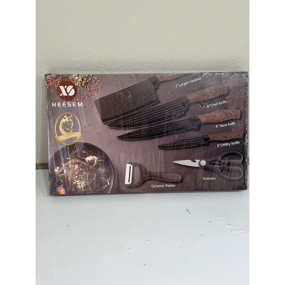HEESEM 6-Piece Kitchen Knife Set Professional Stainless Steel Black Textured NIB